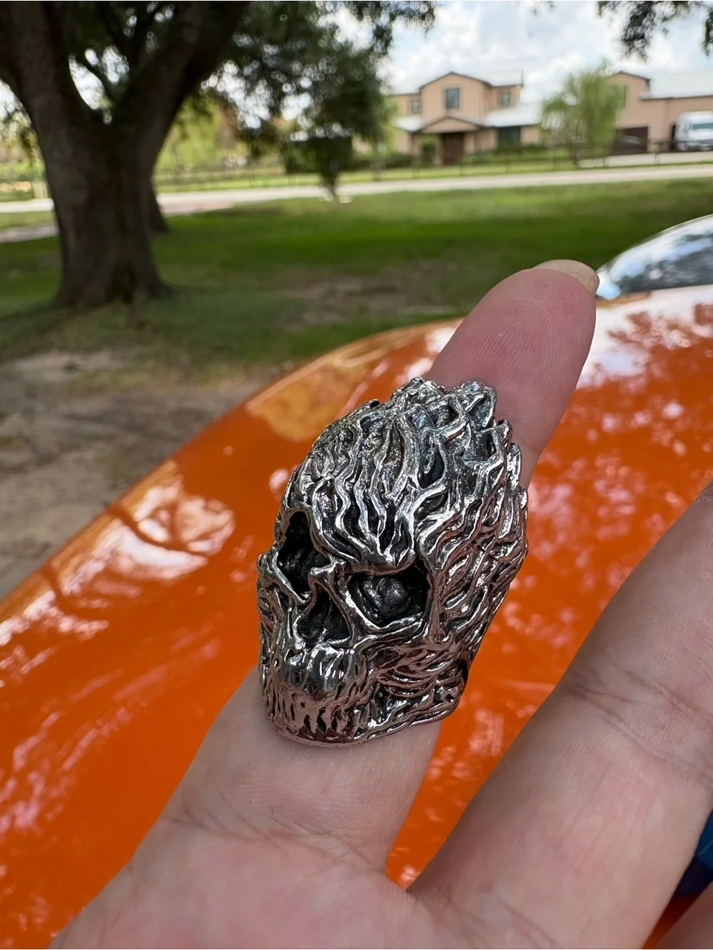 Men's Silver-Tone Flame Skull Ring - Bold Statement Jewelry